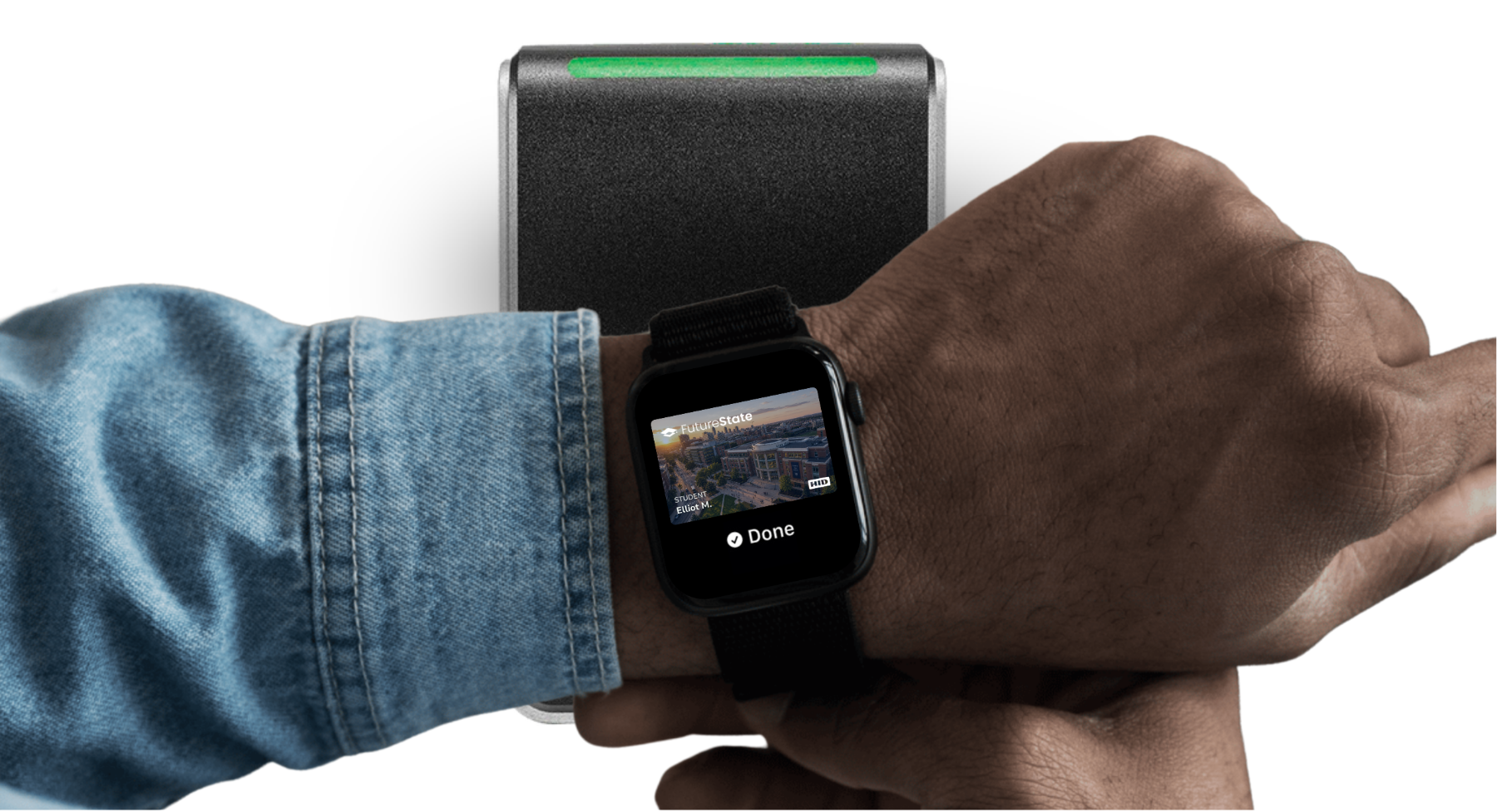 Apple Watch tapping to badge in at an HID Signo 40 reader