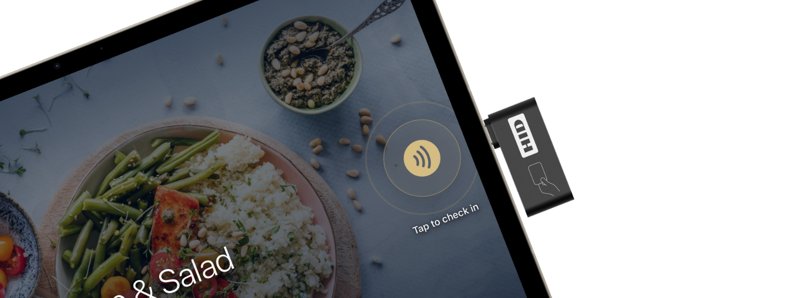 An HID Plug accessory connected directly to the iPad running BalanceU Kiosk — no countertop reader required.