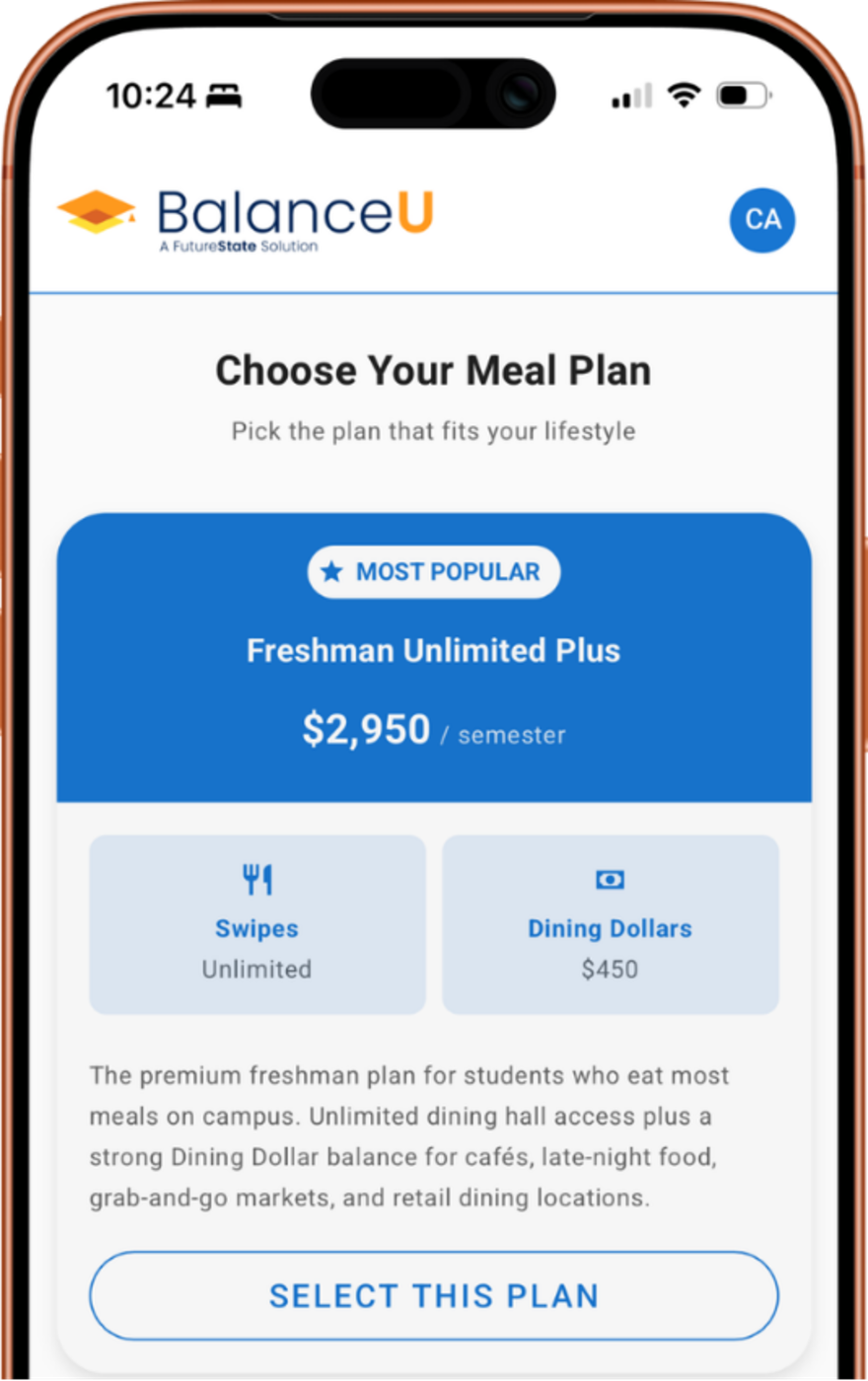 Meal plan selection screen showing Freshman Unlimited Plus plan details