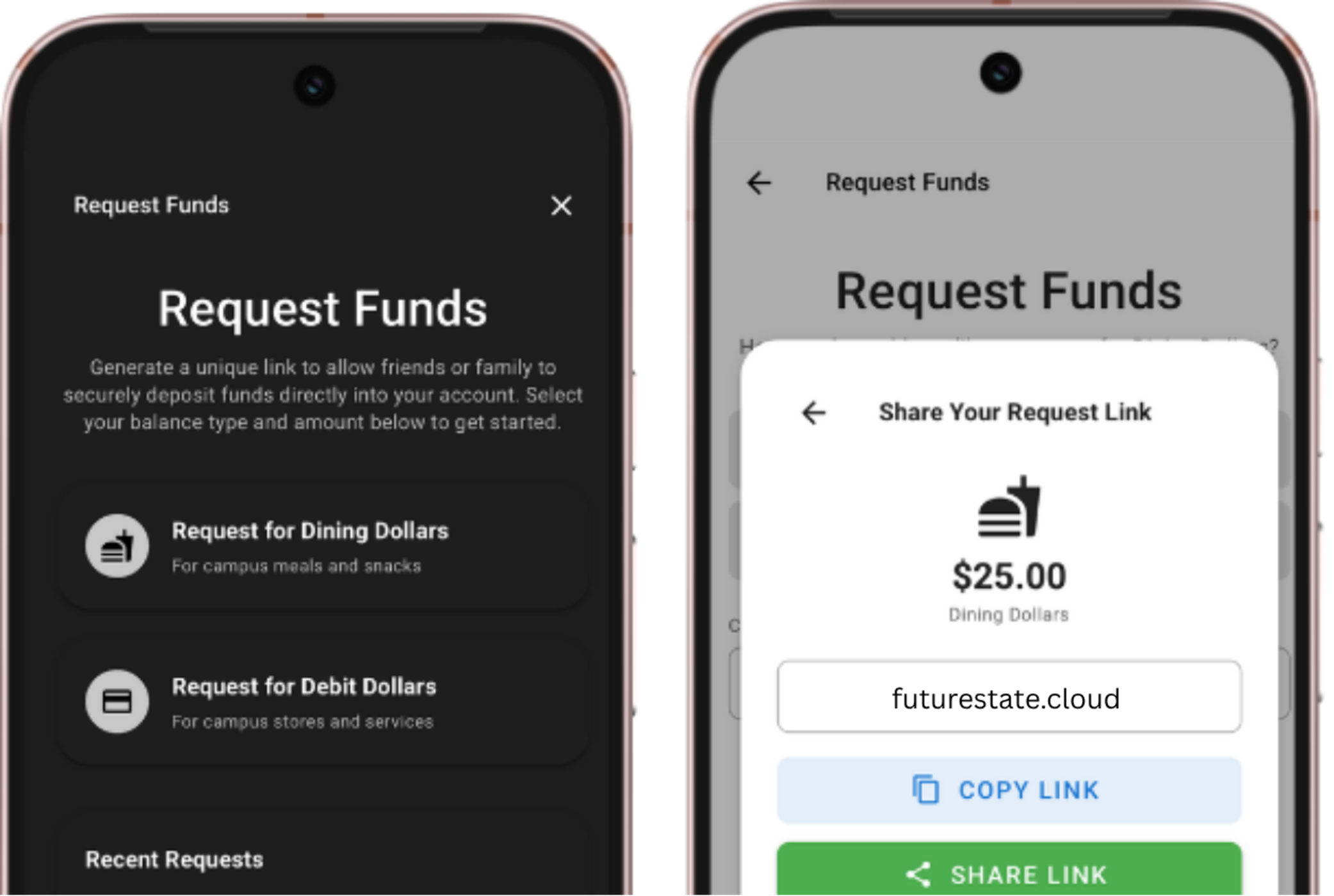 Request Funds flow showing balance type selection and shareable link generation