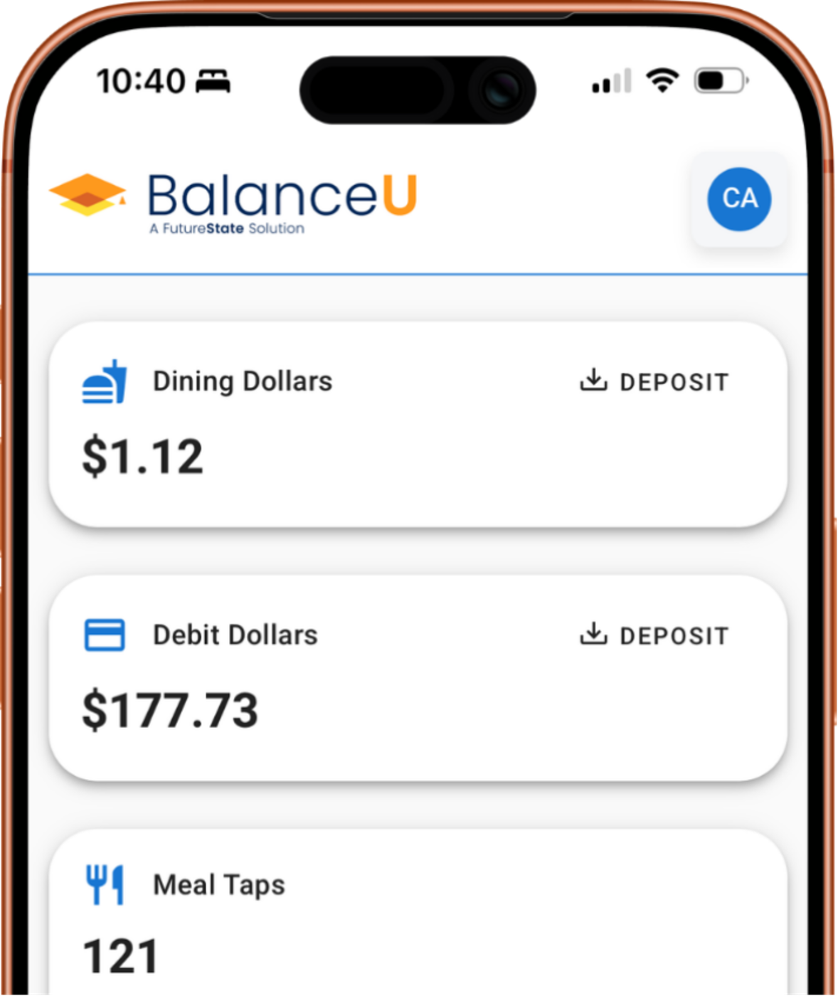 BalanceU home screen on iPhone showing Dining Dollars, Debit Dollars, and Meal Taps balances.
