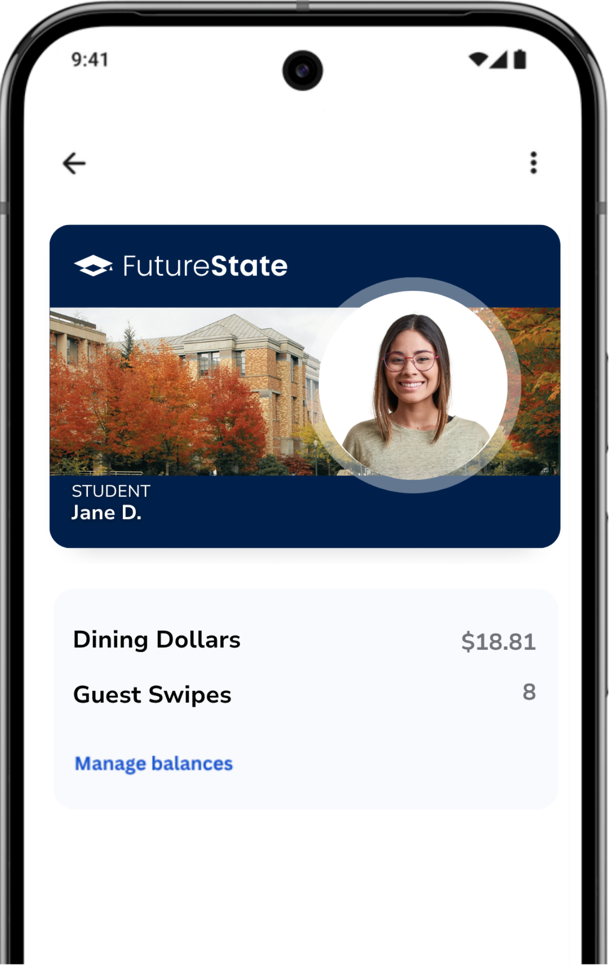 FutureState student ID in Google Wallet on an Android phone, showing Dining Dollars and Guest Swipes