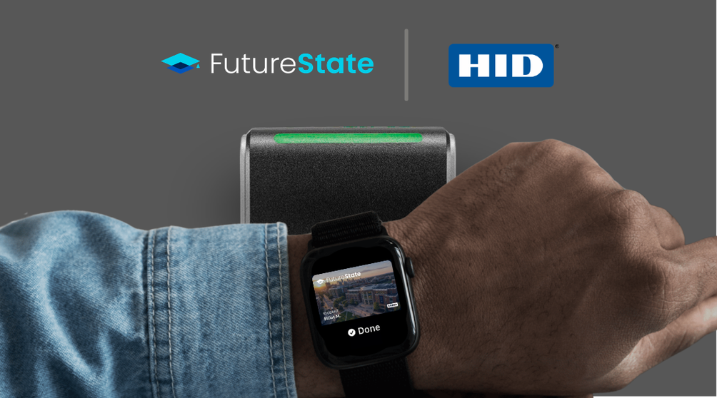 FutureState and HID partnership lockup over a wrist with Apple Watch tapping an HID reader