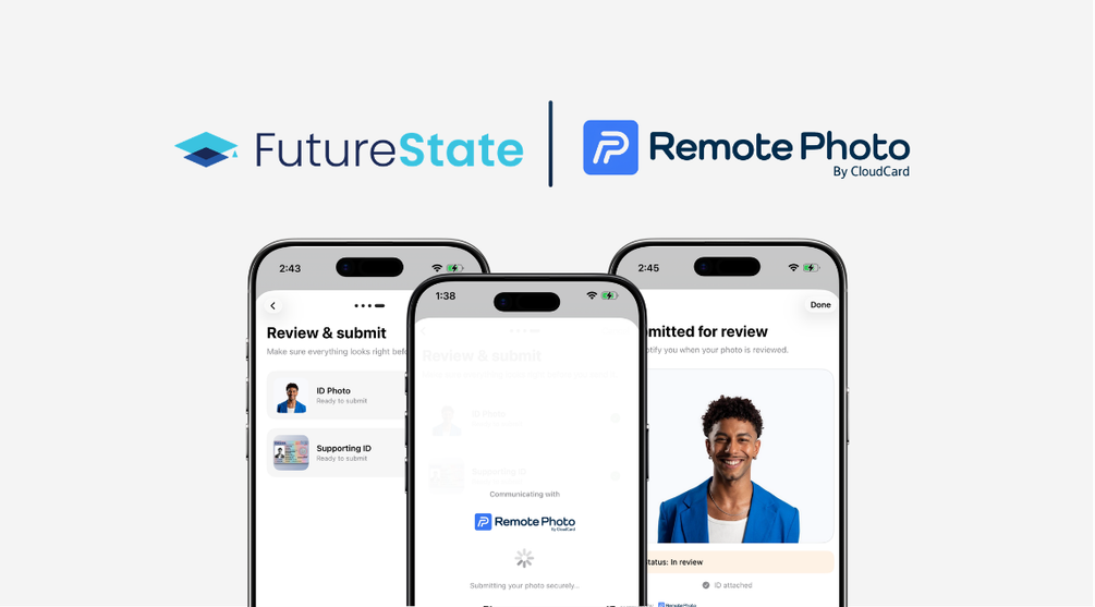 FutureState and RemotePhoto by CloudCard partnership lockup over a trio of iPhone photo submission screens