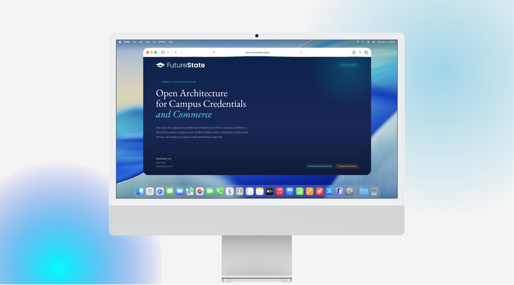 Open Architecture for Campus Credentials and Commerce — white paper cover on an iMac