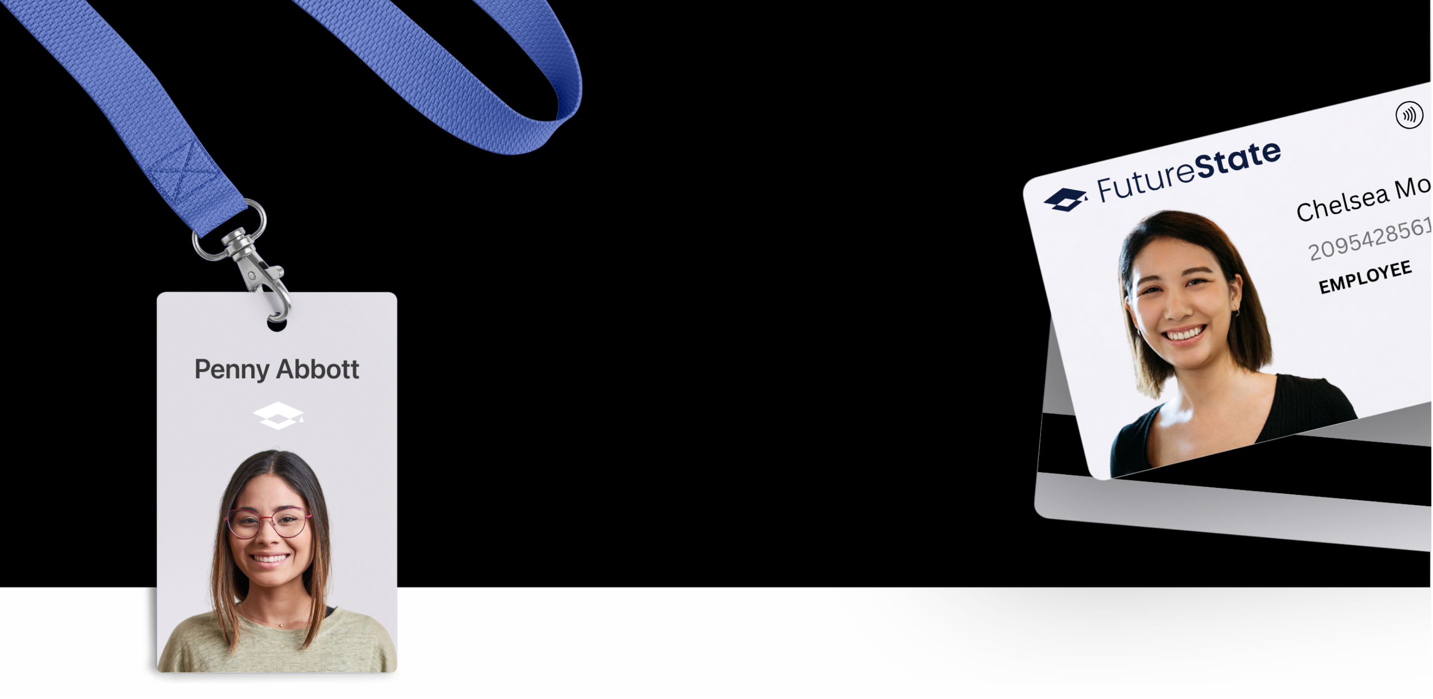 A lanyard ID badge and a printed ID card laid out on a white surface against a black backdrop