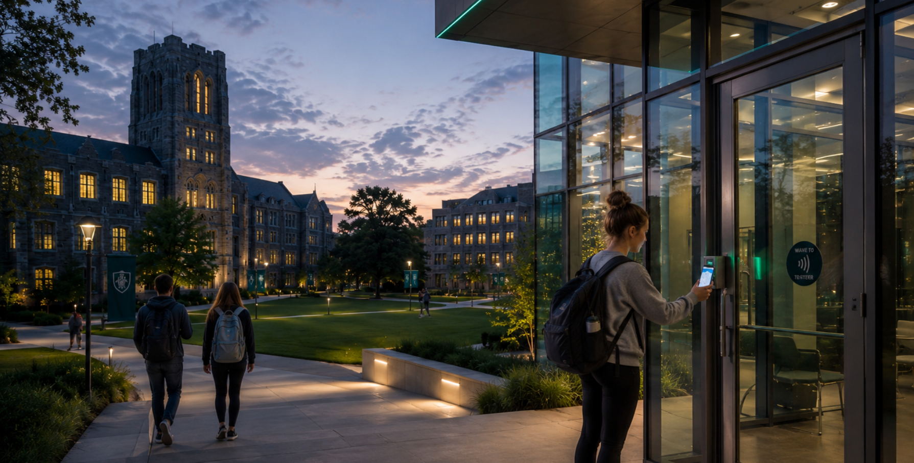 A student waves a mobile credential at a campus building entrance at dusk.
