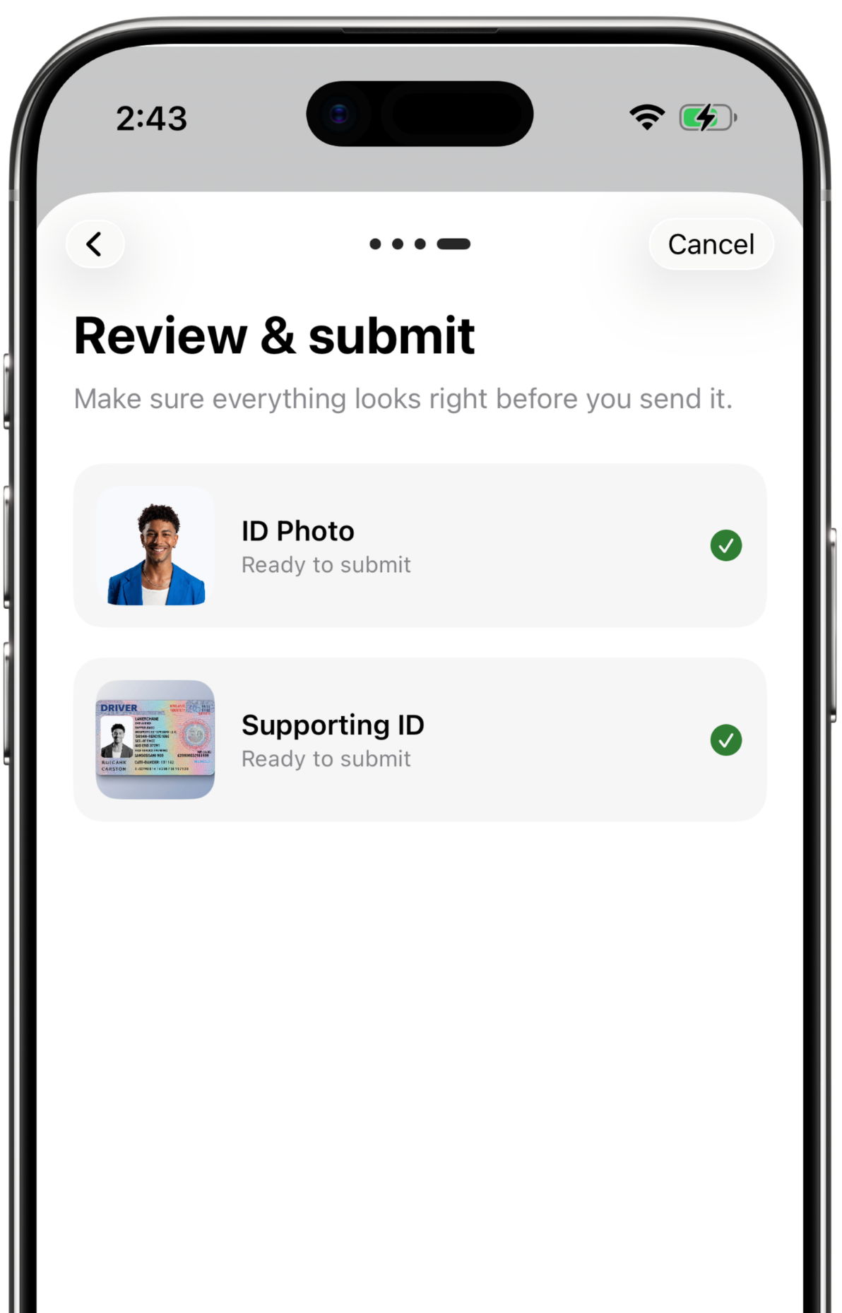 Review & submit screen — ID photo and supporting ID ready to submit.