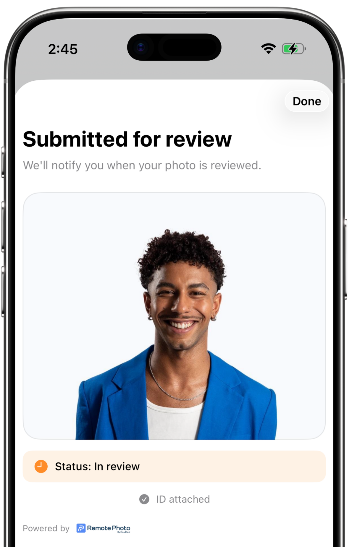 Submitted for review — the photo is in review, ID attached, powered by remotePhoto.