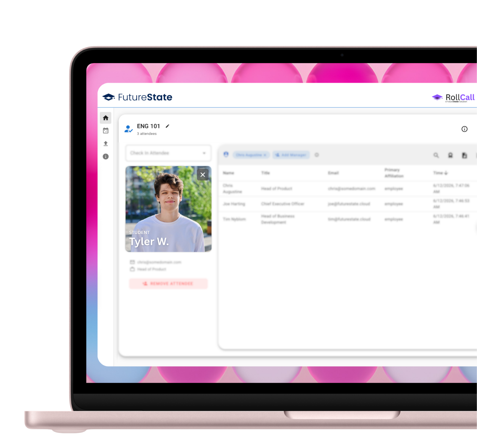 RollCall web app on a MacBook showing the ENG 101 attendance roster