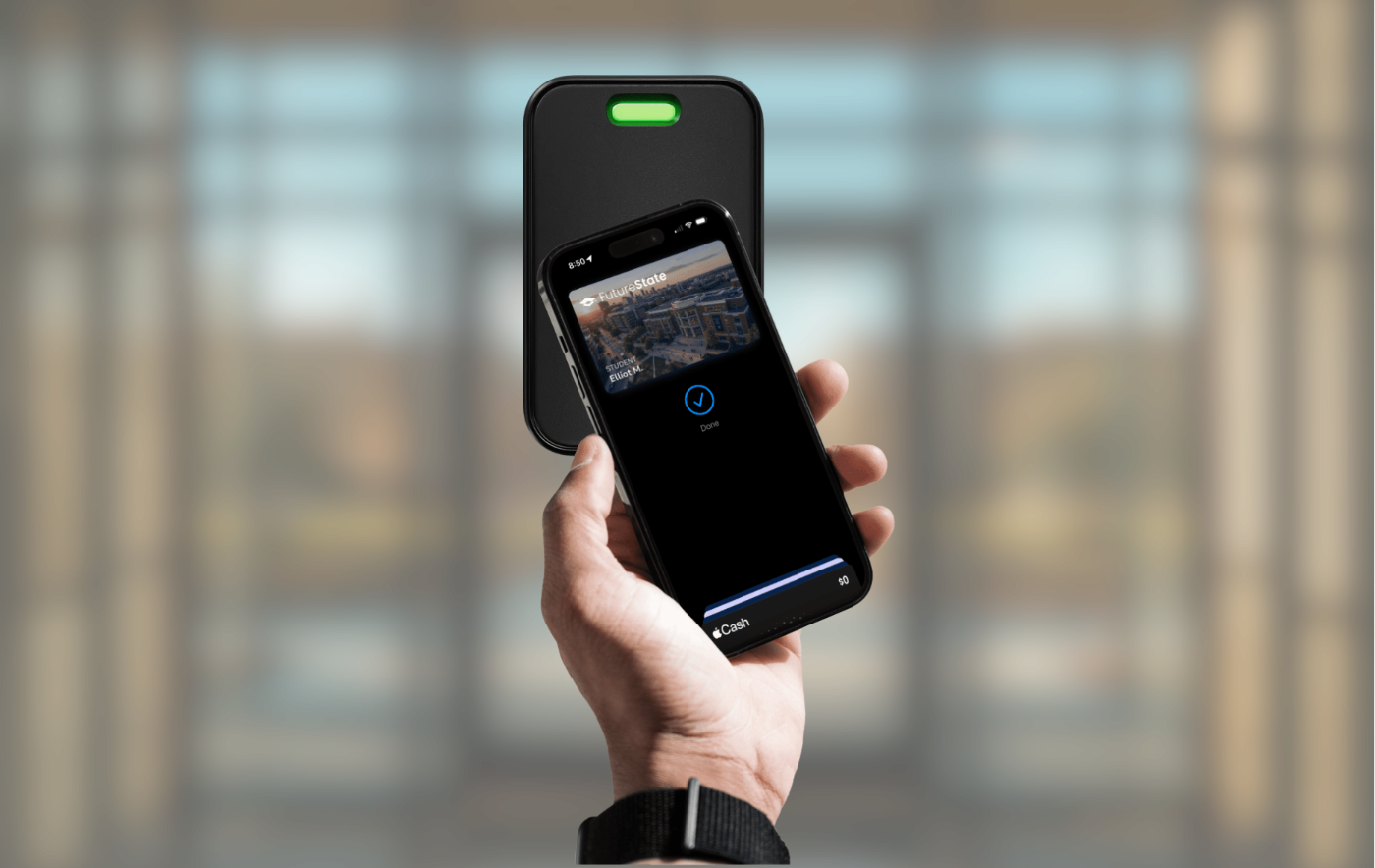 iPhone with FutureState campus ID tapping a Schlage MT15-485 wall-mount reader