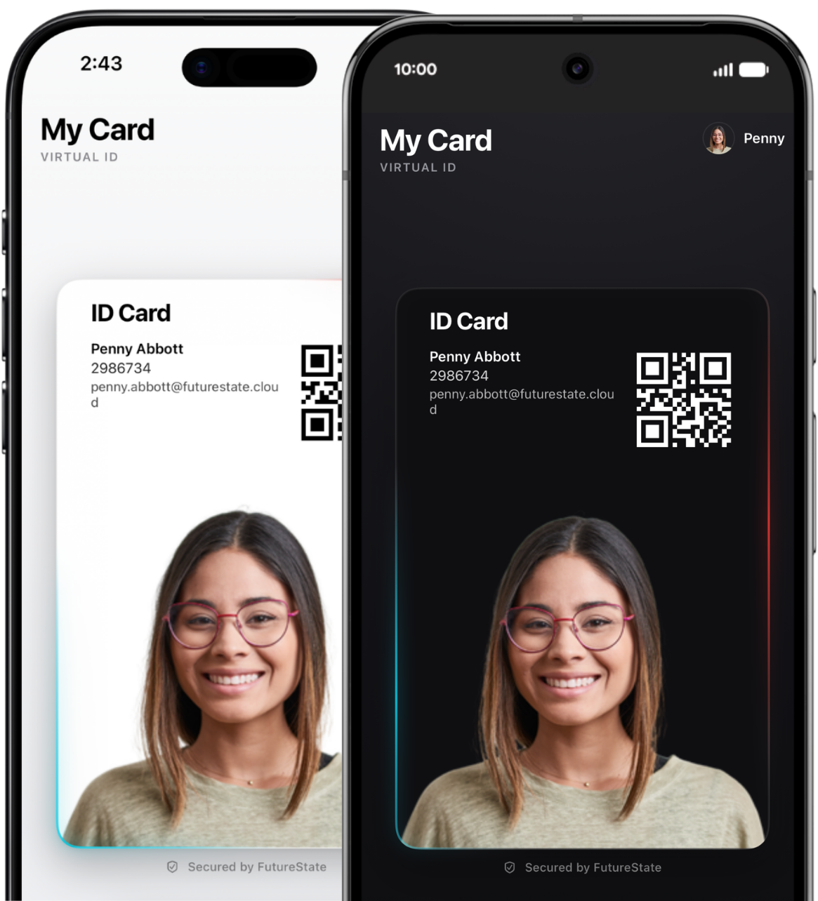 Virtual ID app shown side-by-side on two iPhones, light mode and dark mode