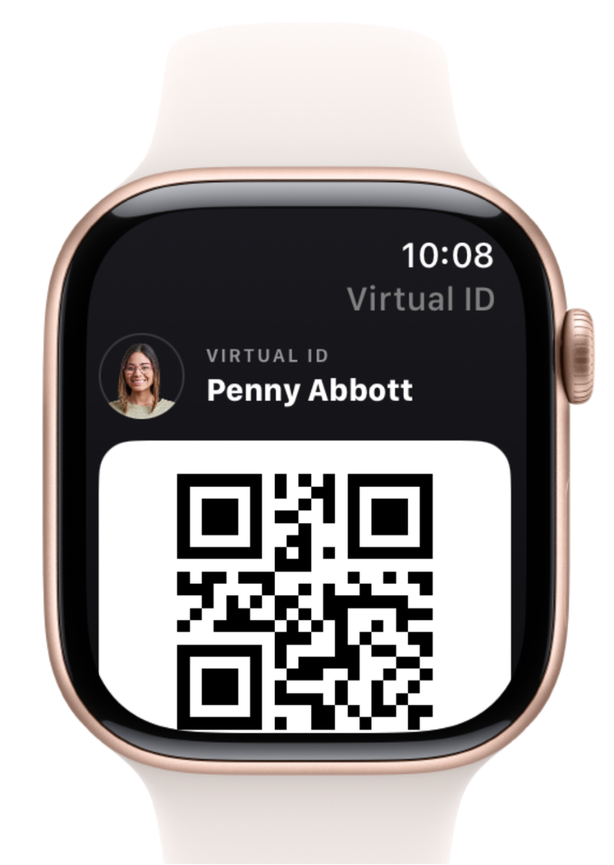 Apple Watch showing a Virtual ID with a QR code for Penny Abbott