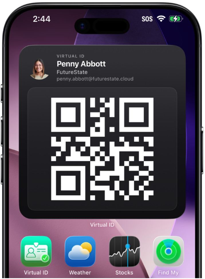Large home-screen Virtual ID widget showing a full-size QR code