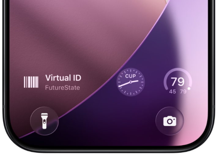 Lock-screen tile for Virtual ID — barcode icon, name, and organization