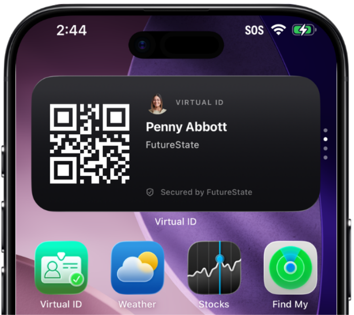 Medium home-screen Virtual ID widget with QR code, photo, and name