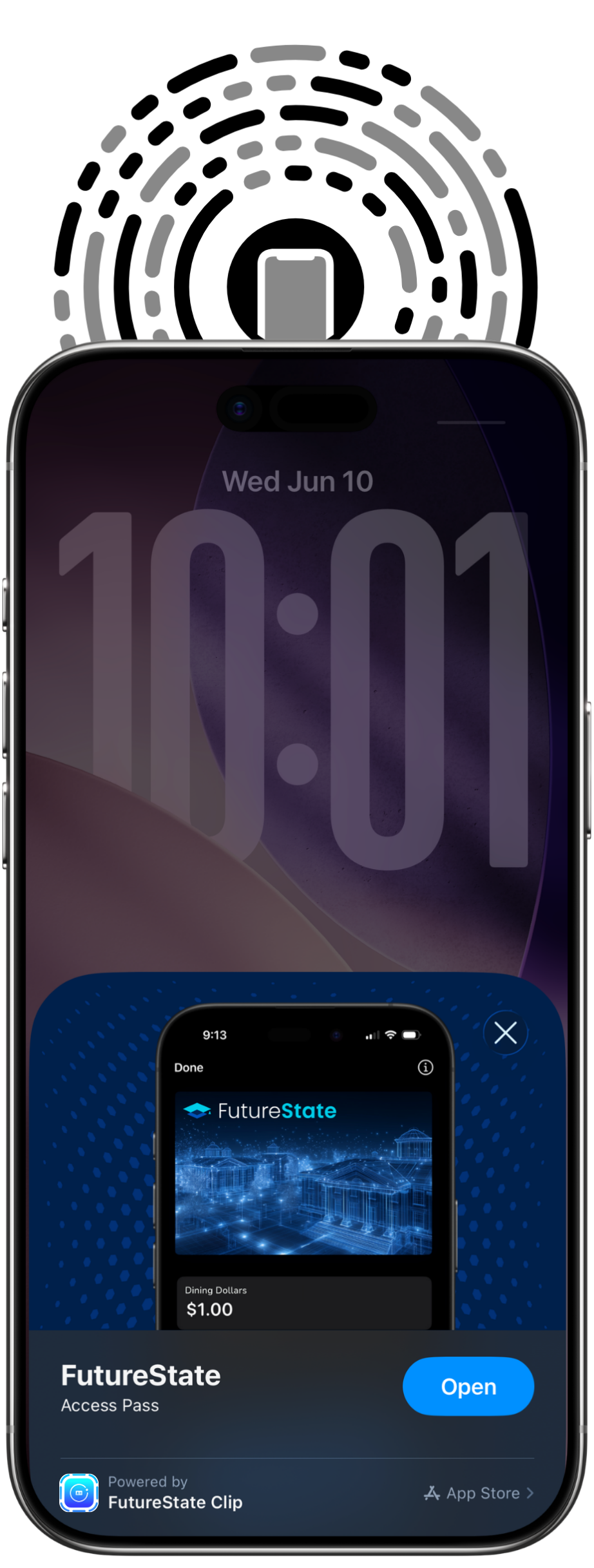 An App Clip code above an iPhone showing the FutureState Access Pass App Clip
